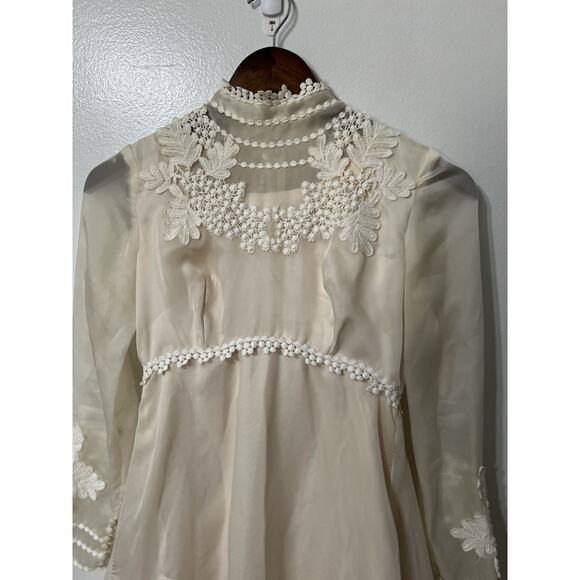 VTG 1970s Wedding Dress Empire Waist Sz Small High Neck Boho Ivory Hippie - Picture 16 of 16